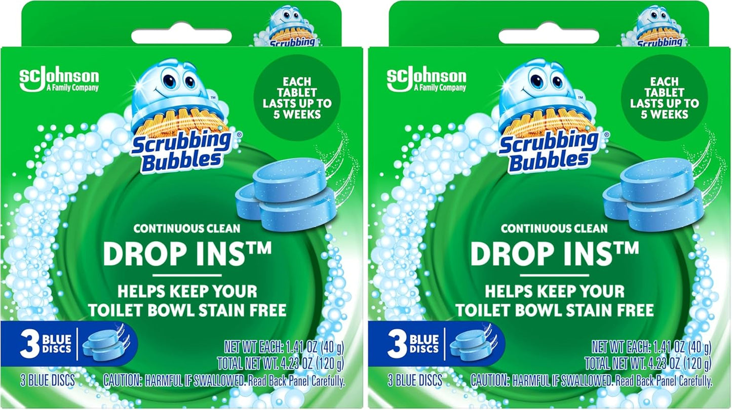 Scrubbing Bubbles Continuous Clean Toilet Drop-Ins, Automatic Blue Toilet Bowl Cleaner, Septic-Safe Tank Tablets Remove Hard Water Minerals & Limescale, Stain & Smell Protection, 3 Count (Pack of 1)
