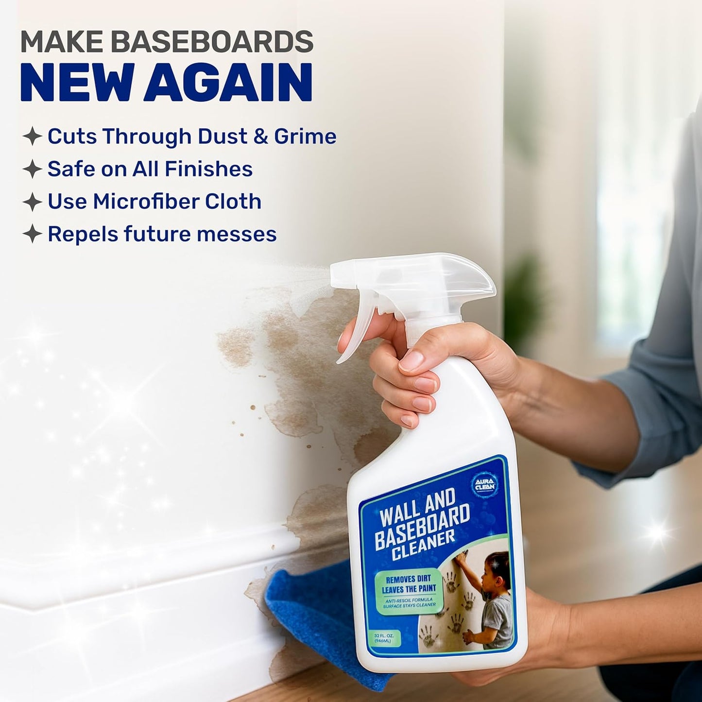 Gentle Wall & Baseboard Cleaner - Safe for Painted Walls & Trim | Non-Toxic, No-Rinse Spray | Anti-Resoil, Streak-Free Finish for Everyday Cleaning | 32 oz (1 Quart) | Made in USA