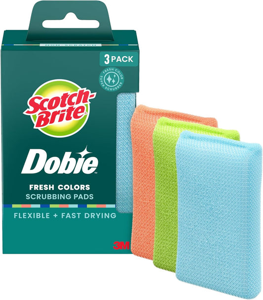 Scotch-Brite Dobie Non-Scratch All-Purpose Scrub Pads, 6 Total Pads (2 Packs of 3), Reusable Scouring Sponges for Kitchen & Bathroom, Safe on Non-Stick Cookware, Assorted Colors