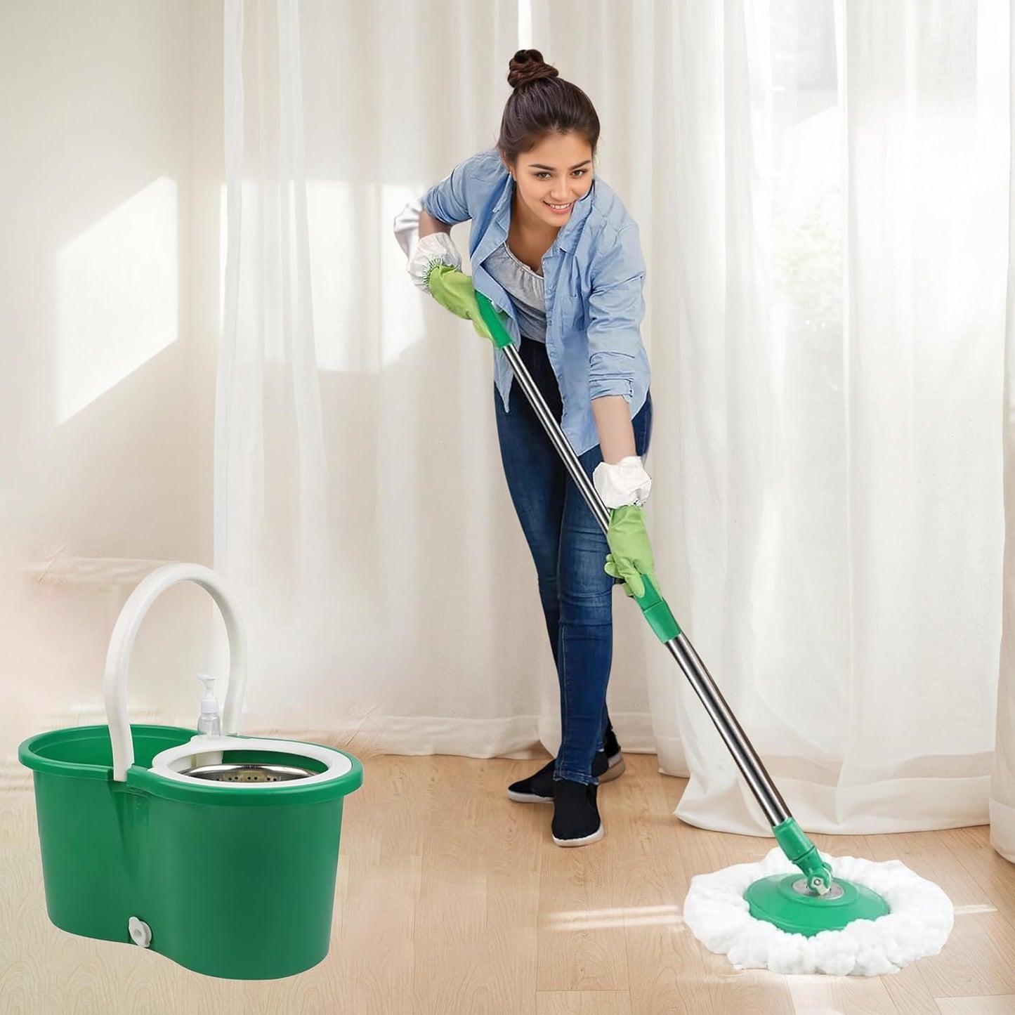 Spin Mop and Bucket with Wringer Set,for Floor Cleaning,with Floor Scrub Brush,61" Adjustable Handle and 6 Microfiber Mop Head(White)