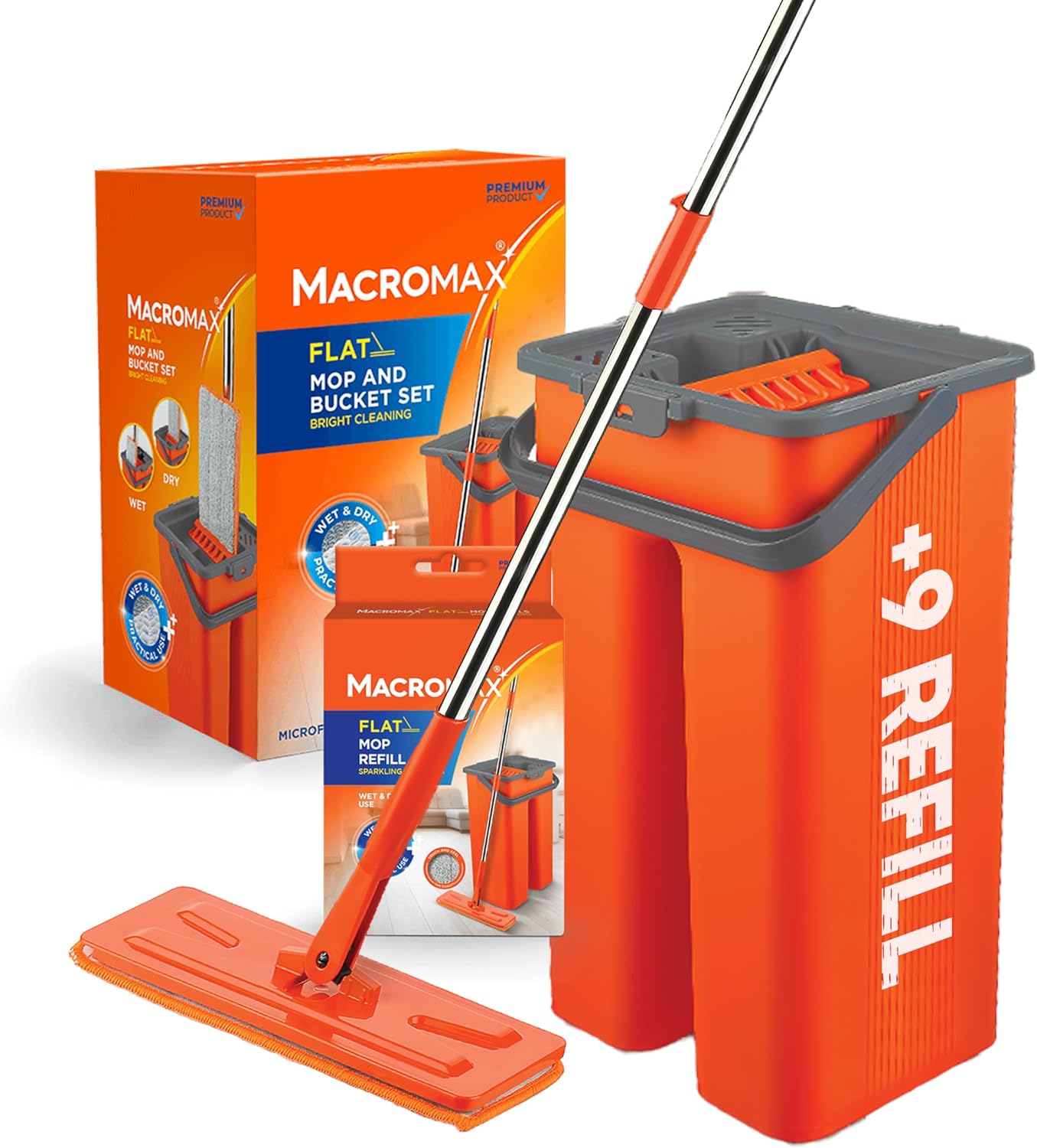 Macromax Flat Mop and Bucket Set – 100% Microfiber Mop with Dual Wet & Dry Use – Slim Design for Corners & Under Furniture – Easy-Squeeze Bucket for Hardwood, Tile & Laminate Floors