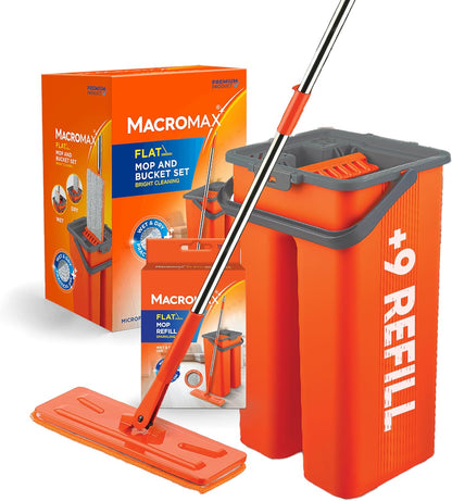 Macromax Flat Mop and Bucket Set – 100% Microfiber Mop with Dual Wet & Dry Use – Slim Design for Corners & Under Furniture – Easy-Squeeze Bucket for Hardwood, Tile & Laminate Floors