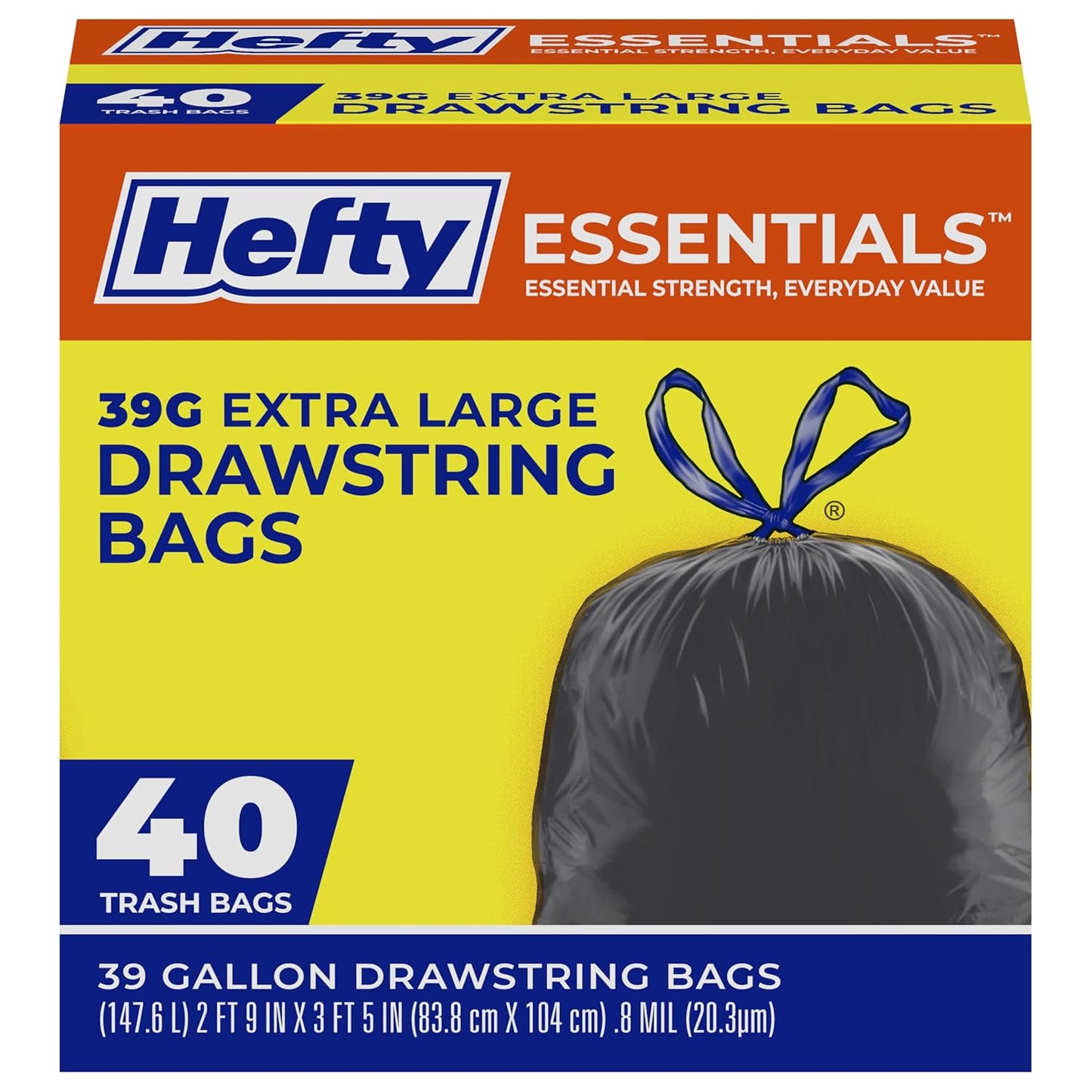 Hefty Essentials Drawstring 13 Gallon Kitchen Trash Bags, 45 Count, Tall Unscented Trash Bags for Kitchens, Home Offices, or Laundry Rooms, Easy to Tie, Lift, and Carry, White