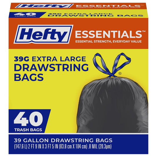 Hefty Essentials Drawstring 13 Gallon Kitchen Trash Bags, 45 Count, Tall Unscented Trash Bags for Kitchens, Home Offices, or Laundry Rooms, Easy to Tie, Lift, and Carry, White