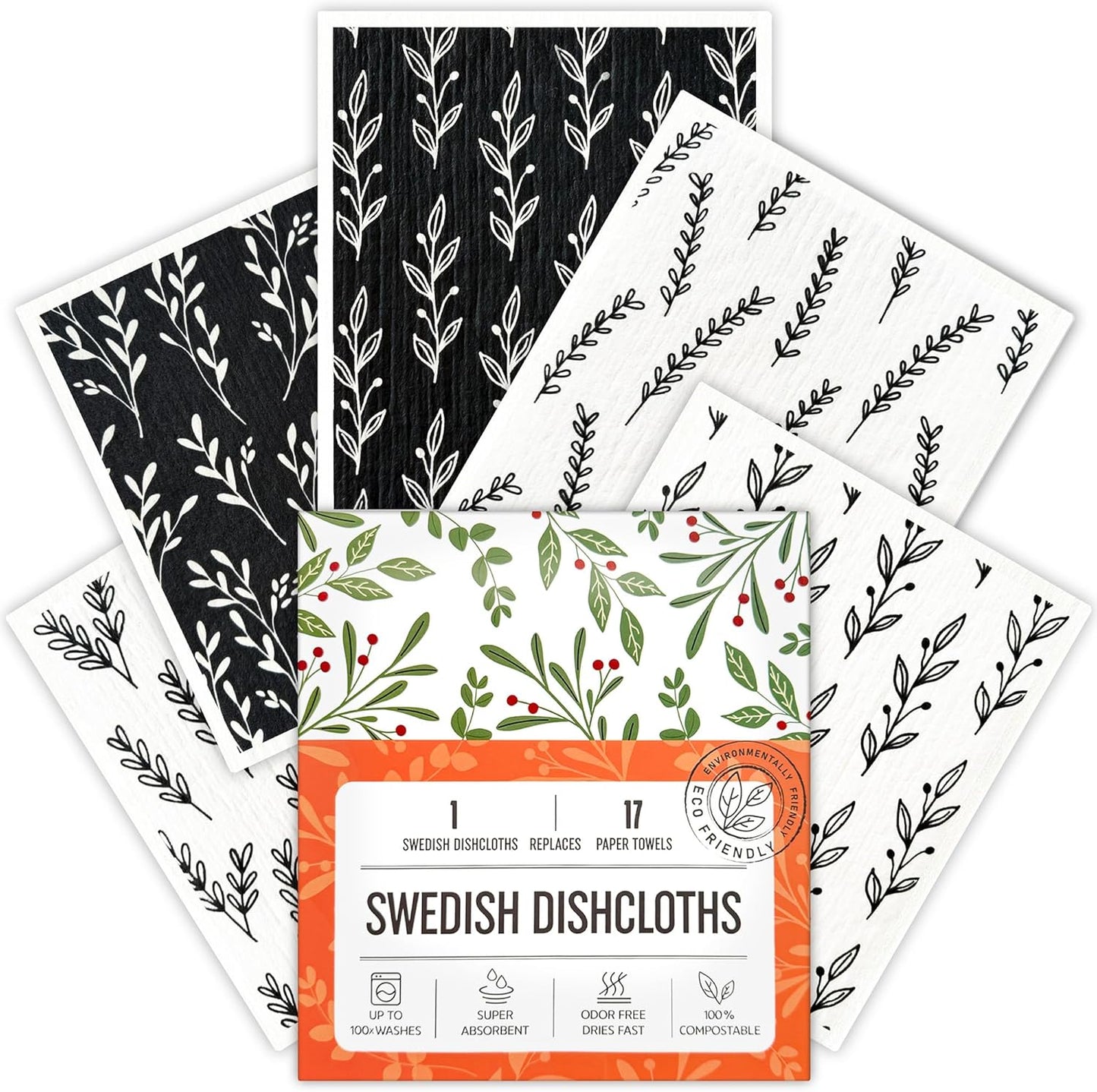 Swedish Dishcloths for Kitchen, Swedish Dish Cloths 5 Pack, Super Absorbent Reusable Paper Towels Washable, Biodegradable, Quick Drying, Dishwasher Safe