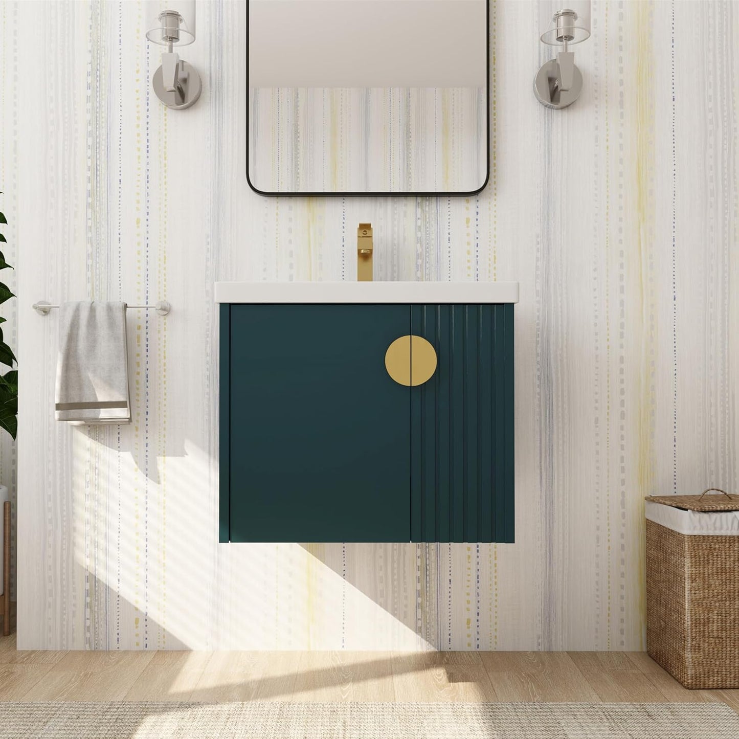 SSLine Modern 24-Inch Bathroom Vanity with Sink Wall Mounted Bathroom Vanity with Top Basin & Storage Cabinet White Wood Floating Vanity w/Ceramic Sink & Gold/Black Handles for Small Space