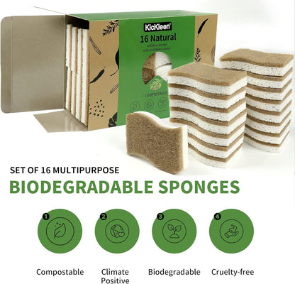 9 Pack Biodegradable Natural Kitchen Sponge - Compostable Cellulose and Coconut Walnut Scrubber Sponge - Eco Friendly Sustainable Sponges for Dishes