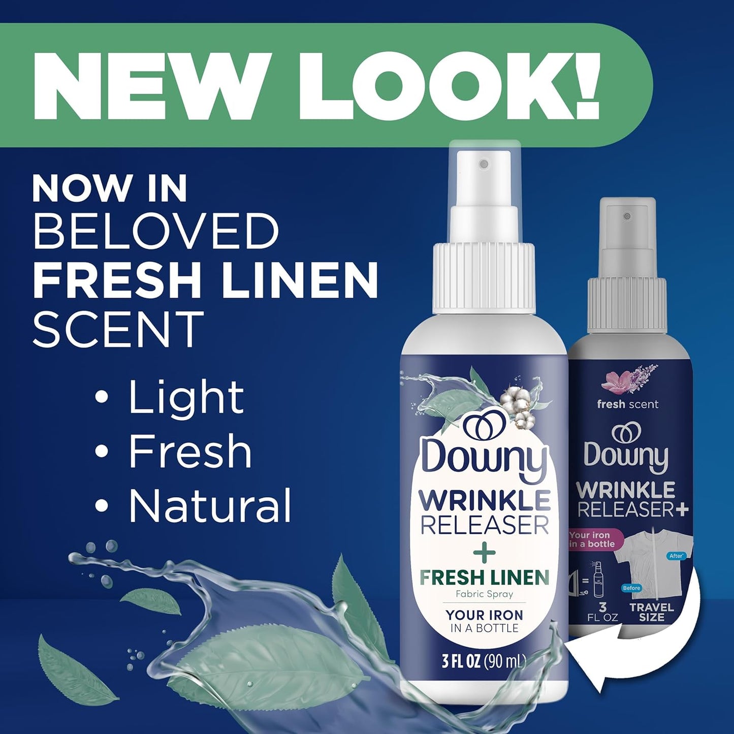 Downy Wrinkle Releaser Spray All In One Wrinkle Release Spray Travel Size, Odor Eliminator, Static Remover Fabric Refresher & Ironing Aid for Clothes 3 Fl Oz (Pack of 2), Crisp Linen Scent
