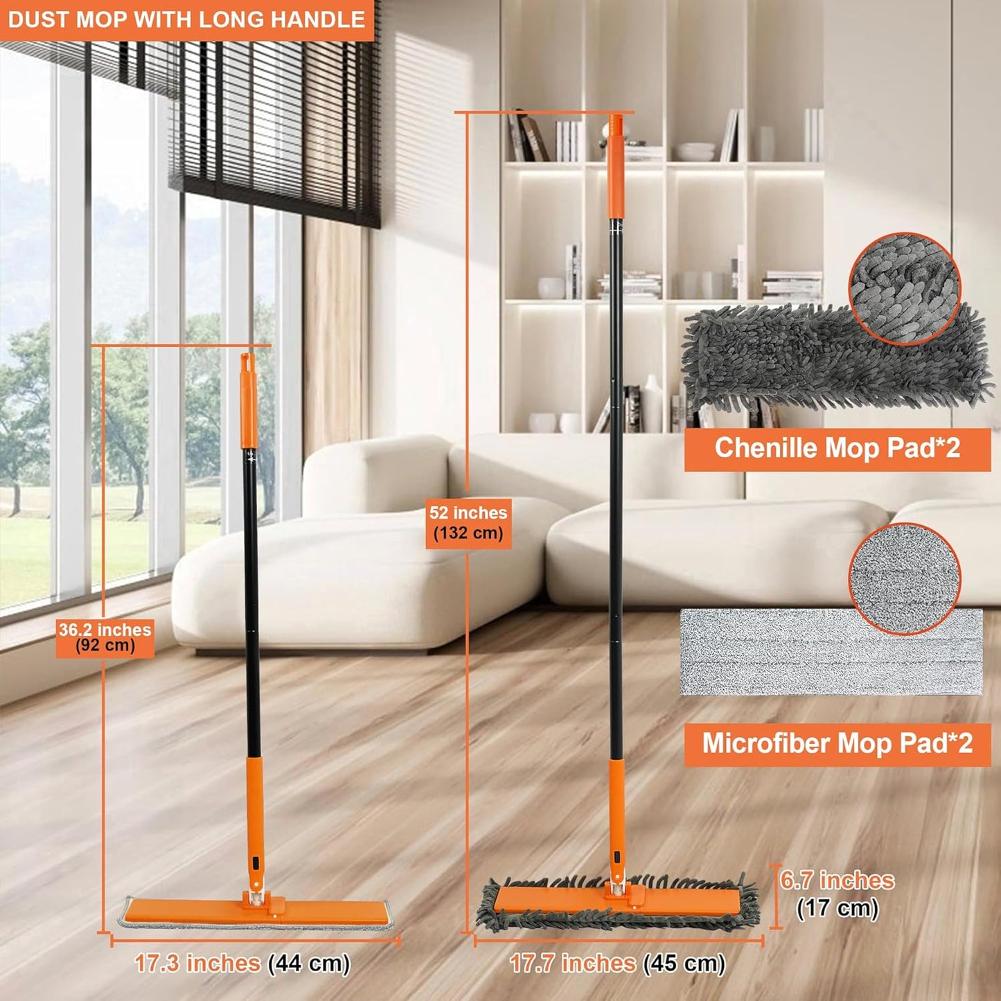 JEHONN Dust Mop for Hardwood Floors, Broom Duster with Unique 90° Foldable Panel, 2 Chenille and 2 Microfiber Pads, Dry Wet Flat Dustmop for Cleaning Vinyl, Laminate, Tile, Marble (Orange)