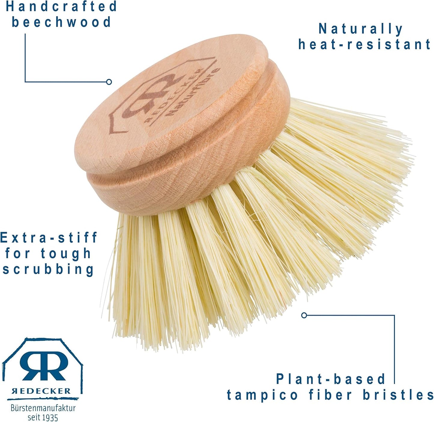REDECKER Replacement Head for Dish Brush, 1-5/8-inch, Set of 2, 100% Natural Tampico Fiber and Untreated Beechwood, Made in Germany - Natural Dish Brush Replacement Heads