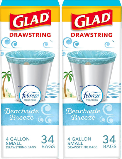 Glad Small Trash Bags 4 Gallon, Febreze Cherry Blossom Garbage Bags, Odor Resistant with Drawstring, 34 Count
