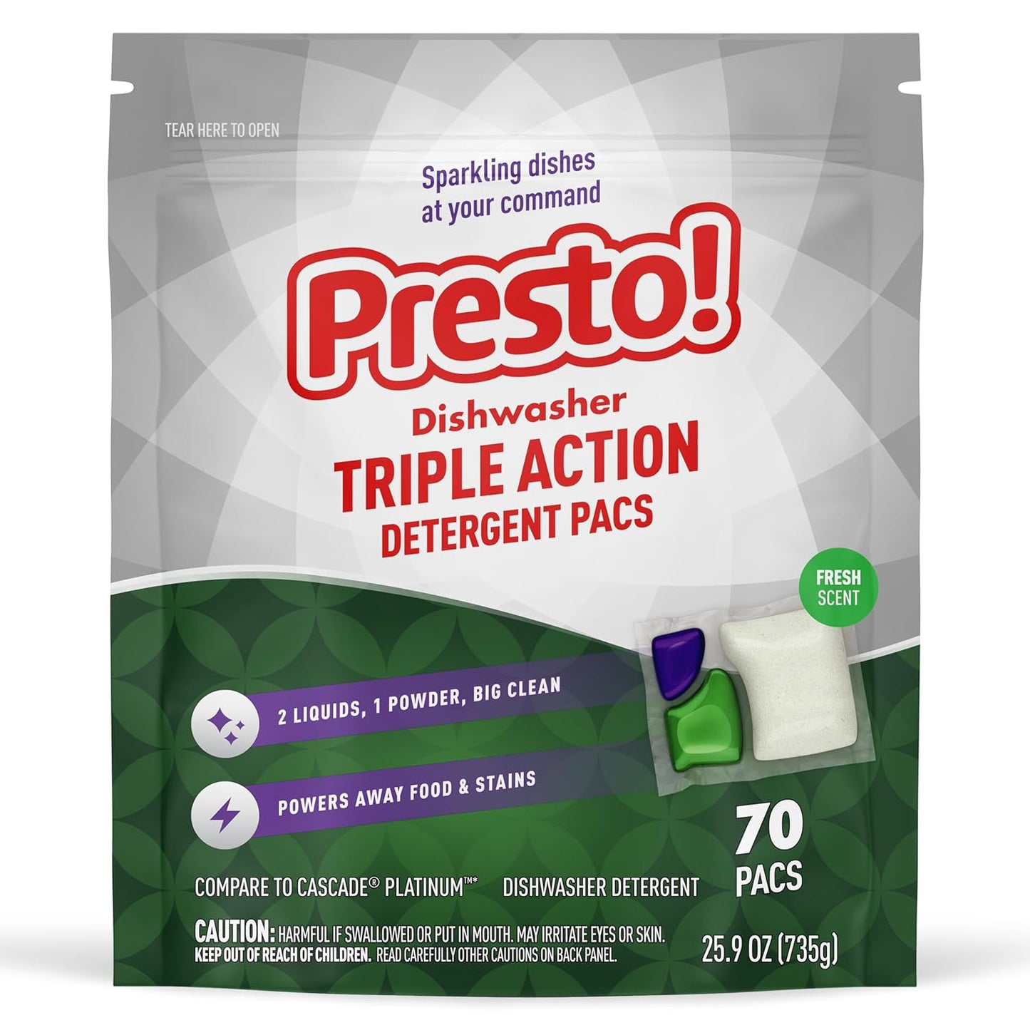 Amazon Brand - Presto! Triple Action Dishwasher Pacs, Lemon Scent, 70 Count
