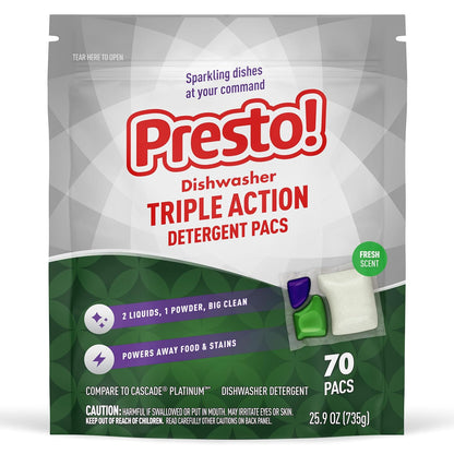 Amazon Brand - Presto! Triple Action Dishwasher Pacs, Lemon Scent, 70 Count
