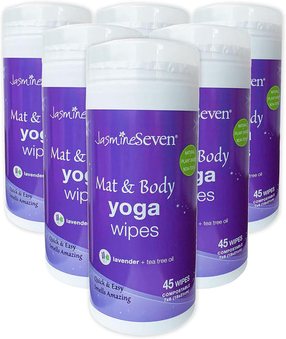 Yoga Wipes for Mat and Body - Bulk CASE of 6 - Natural Lavender and Tea Tree - by Jasmine Seven - for Studio, Gym, Spa, Fitness