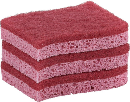 Non-Scratch Cellulose Sponge Kitchen Scrub Sponge with Scouring Pad Set, Good for Non-Stick Cookware Frying Pan, Pot, Counter Top, Sink Scrubbing, Kitchen Scrubbers, Pack of 2, (Red/Pink)