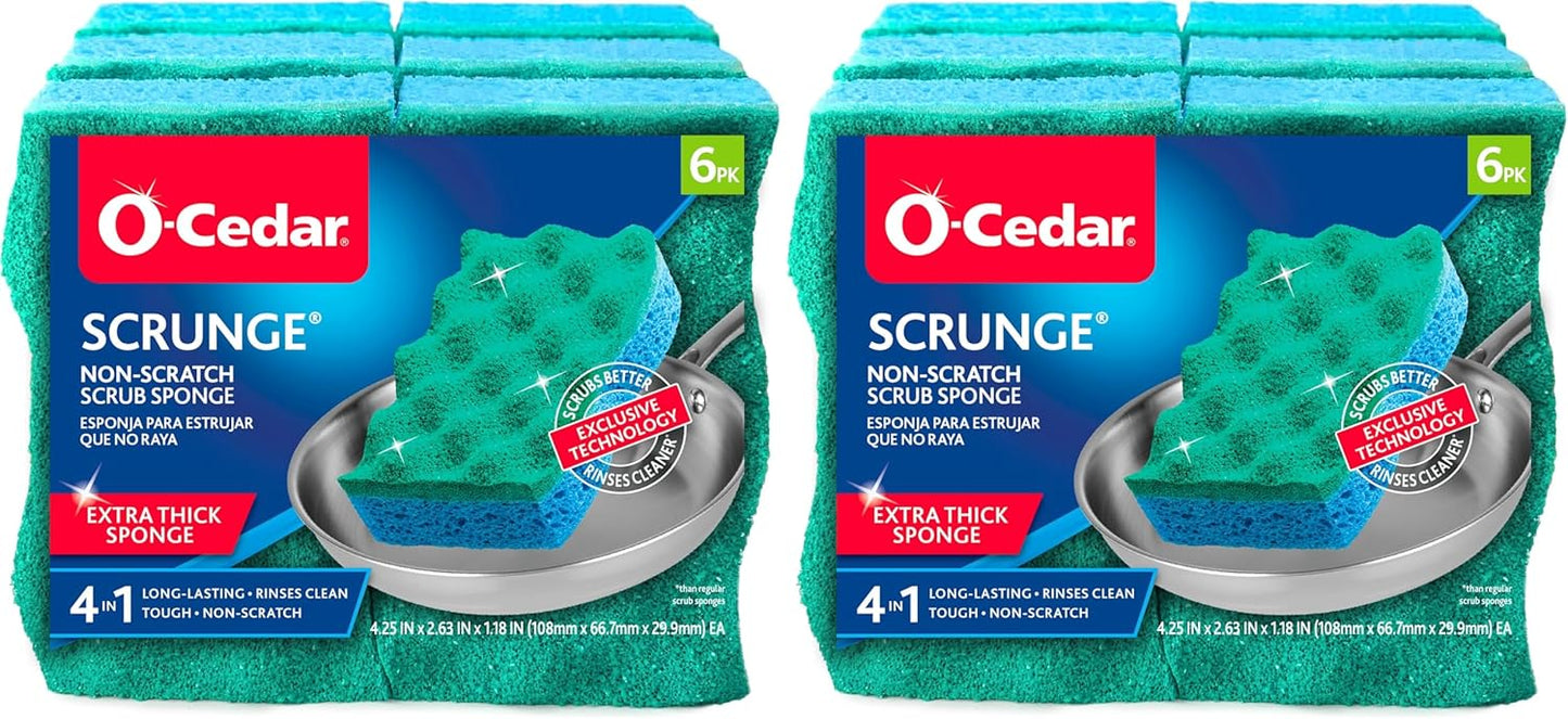 O-Cedar Scrunge Non-Scratch Scrub Sponge (Pack of 6) Multi-Use, All-Purpose, Odor-Resistant, Scrubbing Sponge Safely Cleans All Hard Surfaces in Kitchen and Bathroom