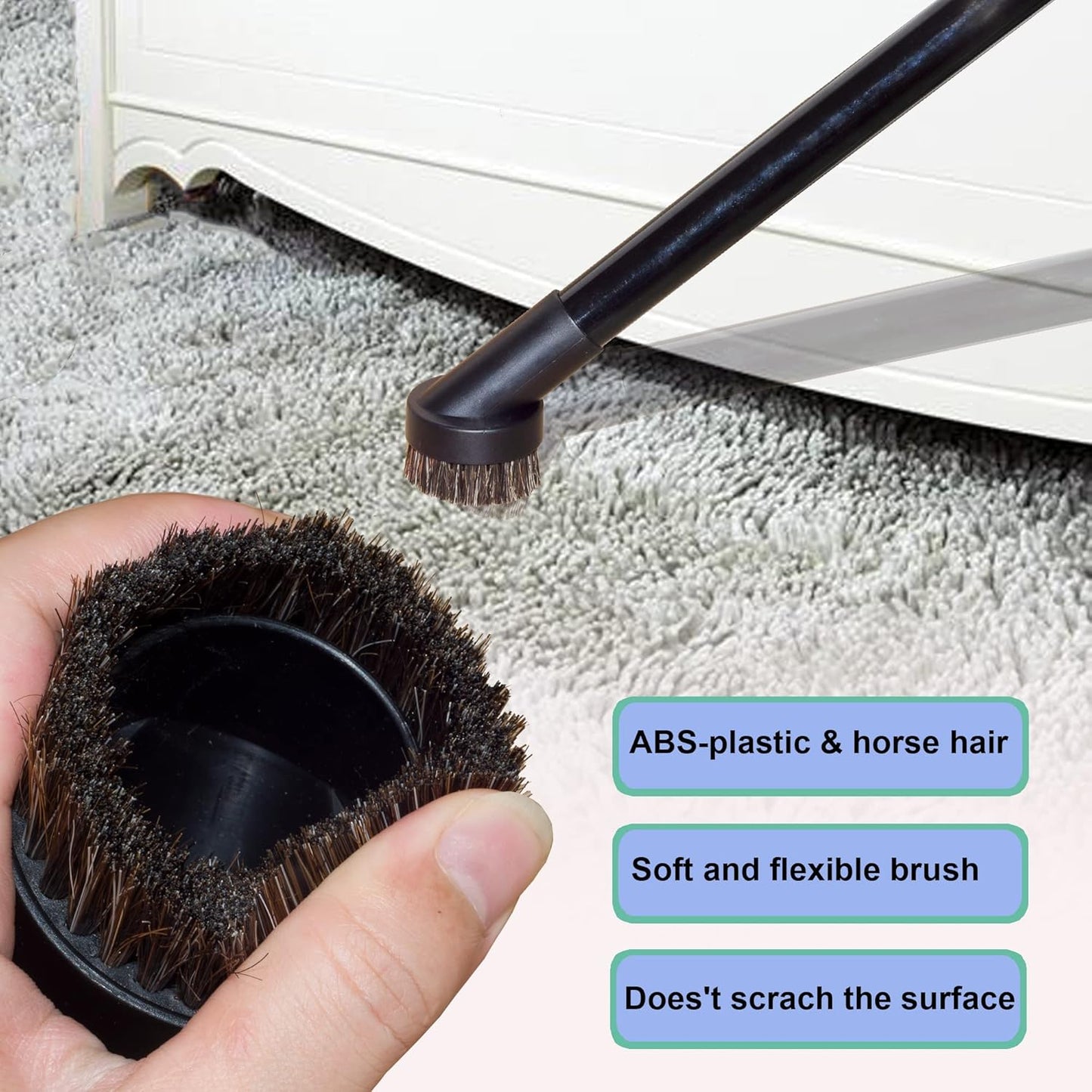 25MM Horse Hair Round Dust Brush 1.24" Cleaner Vacuum Attachment Brush Soft Bristles Replacement with 1-1/4" to 1-3/8" Hose Adapter