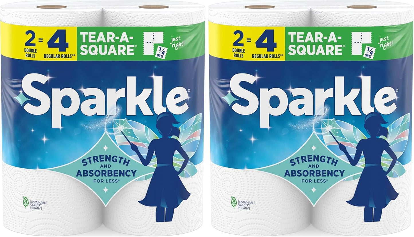 Sparkle Tear-A-Square Paper Towels, 2 Double Rolls (220 Sheets Total) - Strong 2-Ply Towels for Kitchen Cleanup and Everyday Messes