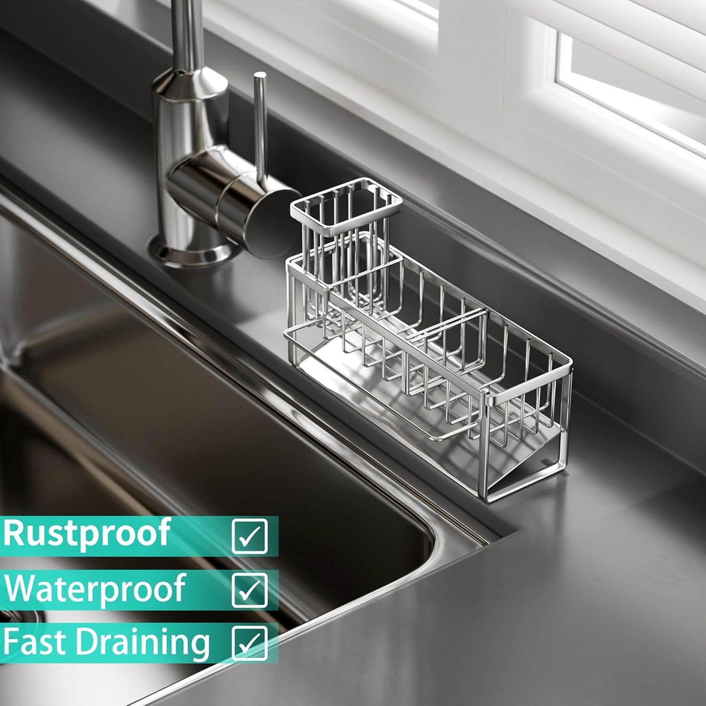 HapiRm Sponge Holder for Kitchen Sink - Self-draining Sink Caddy with Brush and Dishcloth Holders, Stainless Steel Kitchen Countertop Organizers and Storage Essentials - Black