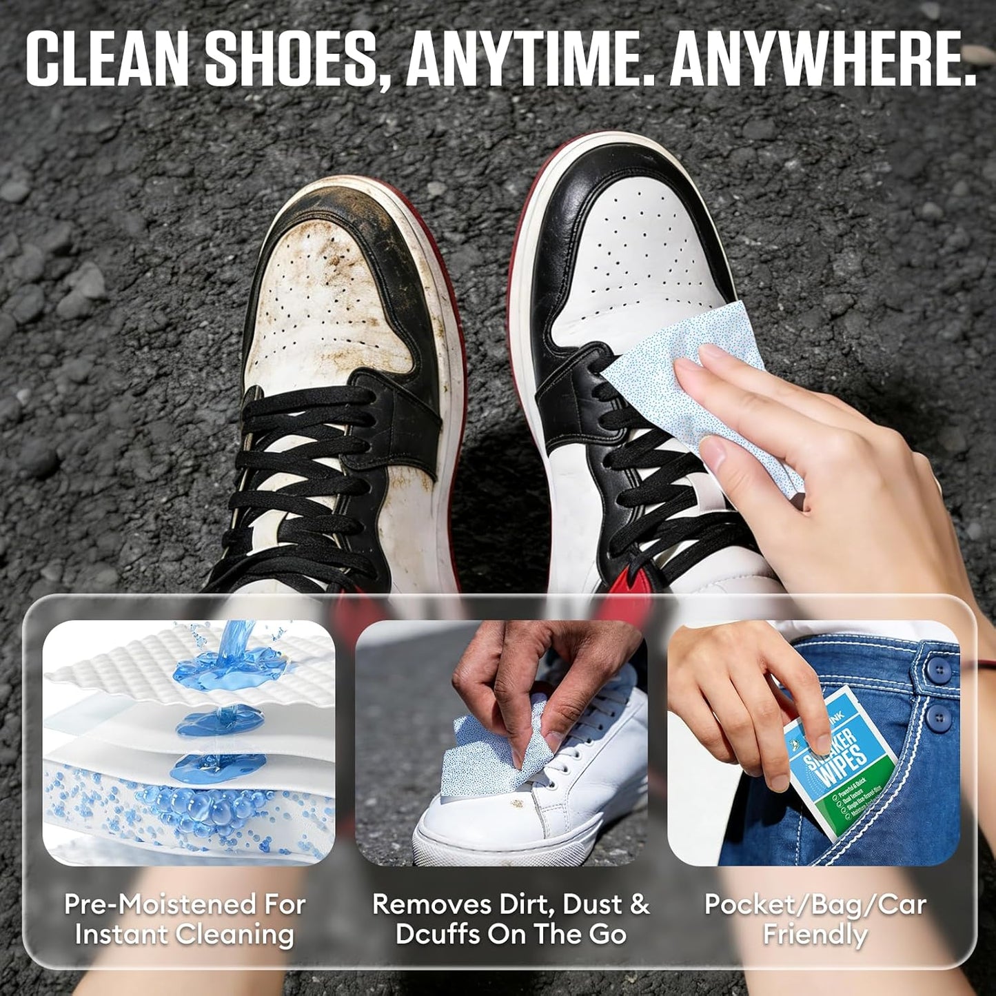 Sneaker Cleaning Wipes, Dual-Sided Instant Shoe Cleaner Wipes for White Sneakers, Waterless Shoe Cleaning Wipes for Leather, Canvas, Mesh & Rubber, Individually Wrapped Travel Shoe Wipes, 35 Count