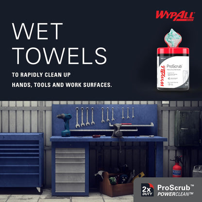 WypAll PowerClean ProScrub Heavy Duty Wet Towels (91371), Dual Action Cleaning, Large 9.5" x 12" Wipes, Bucket Included (6 Containers of 75 Sheets, 450 Sheet Total)