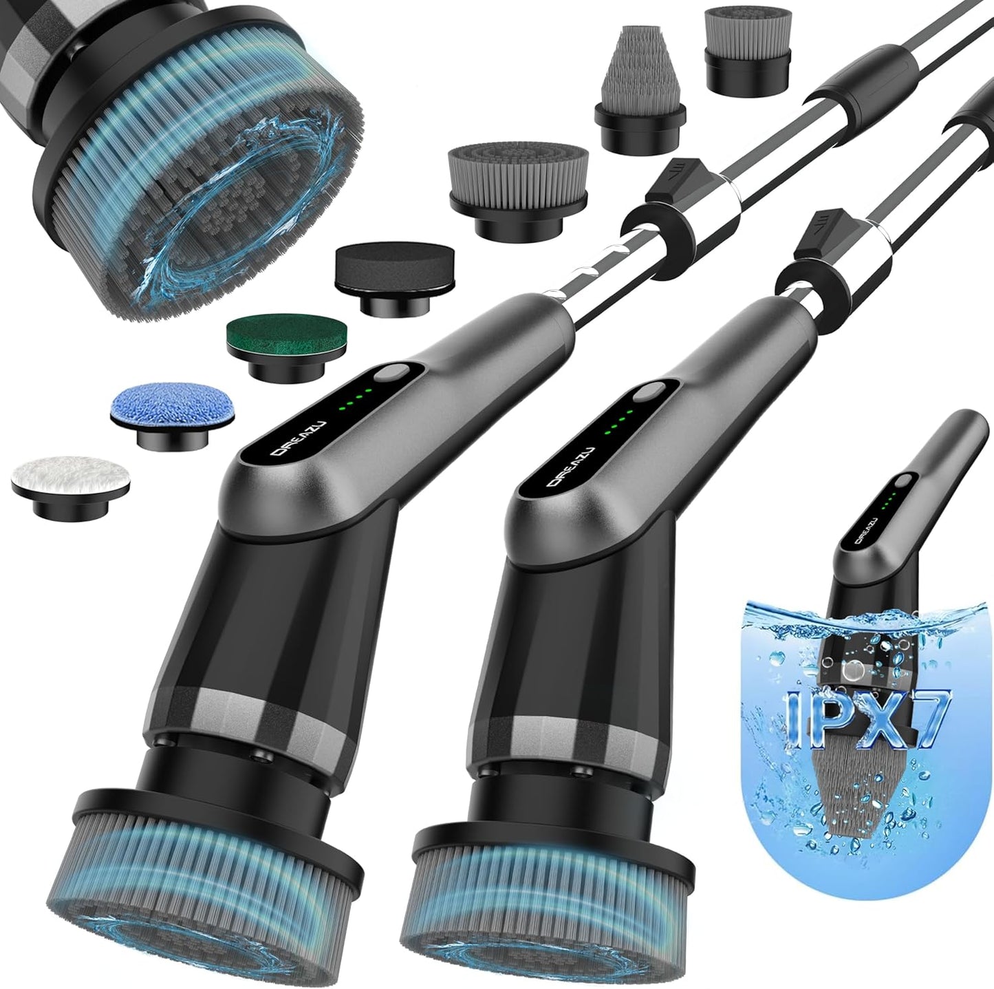 Electric Spin Scrubber, Dreazu IPX7 Shower Scrubber with 7 Replaceable Brush Heads & Retractable Handle, 2-Speed Adjustable Shower Cleaner for Bathroom,Toilet, Bathtub, Kitchen, Tile Floors