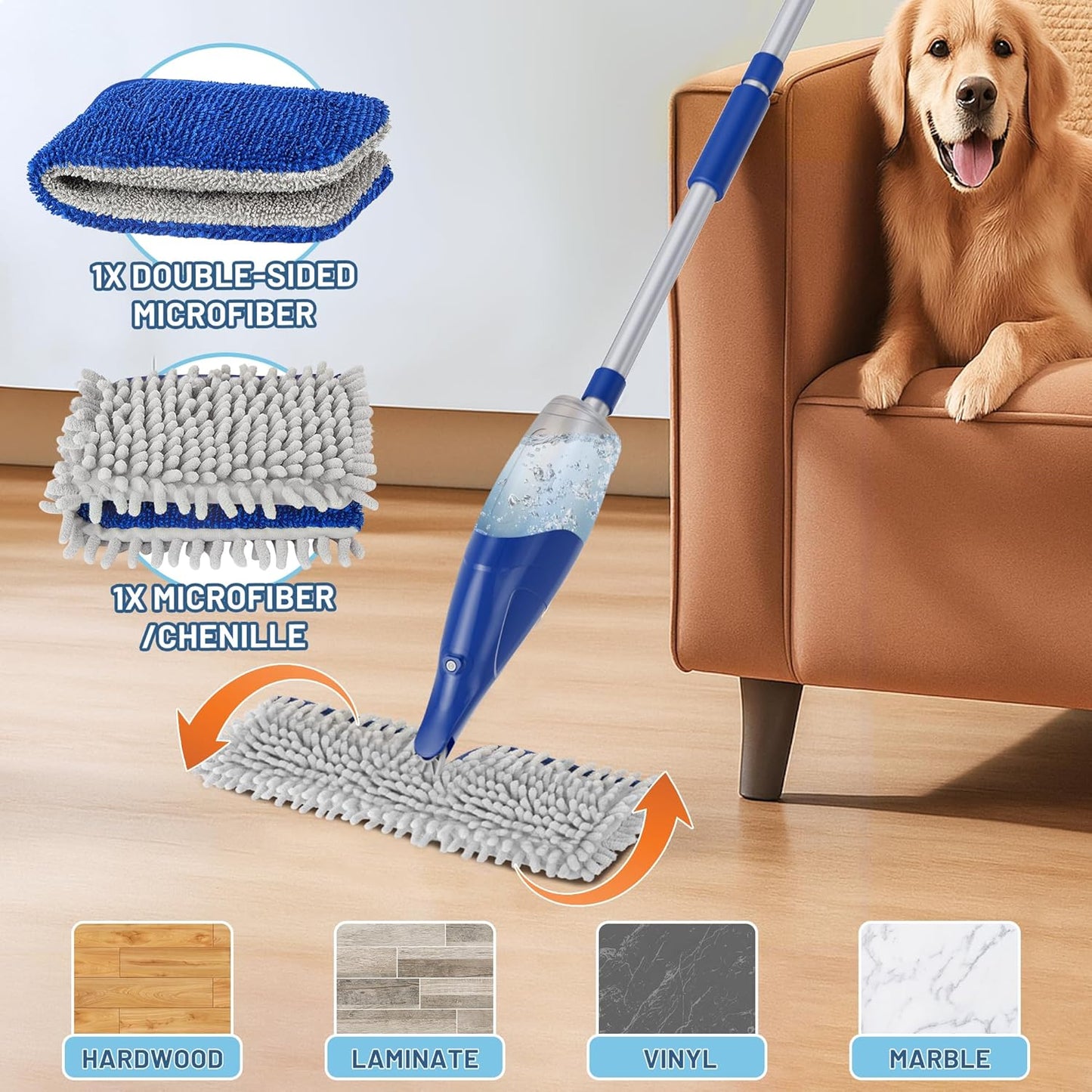 Papclean Spray Mops for Floor Cleaning: Double Sided Dust Mop for Hardwood Wood Tile Floor with Reusable Microfiber Pads - Wet Dry Kitchen Bathroom Cleaning