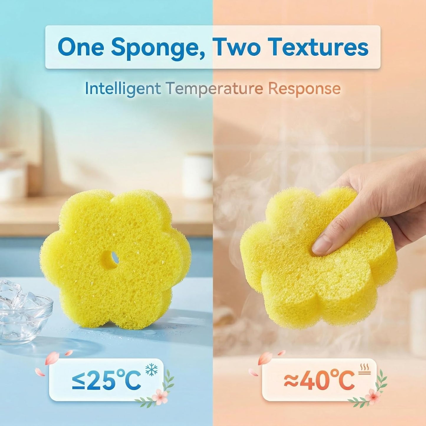 Scrub Flower Temperature Sensitive Sponges -Non-Scratch Scrubbers for Kitchen & Home - Firm in Cold & Soft in Warm Water - Odor Resistant Color-Coded Dish Sponges (Lavender Mist, 3 Count)