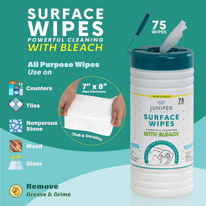Juniper CLEAN 3 Pack Surface Cleaning Wipes with Bleach, All-Purpose Cleaner for Bathroom, Kitchen, Office, 216 Count Soft Flow, Fresh Scent, Lint Free & Durable