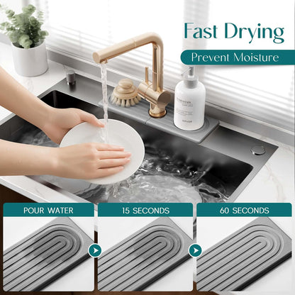 Eormoe Faucet Mat for Kitchen Sink – Diatomite Stone Drying Mat & Sink Protectors, Prevent Moisture – Sink Splash Guard Water-Absorbing Stone Tray for Bathroom Counter (Light Grey, 23.6" x 3.9")