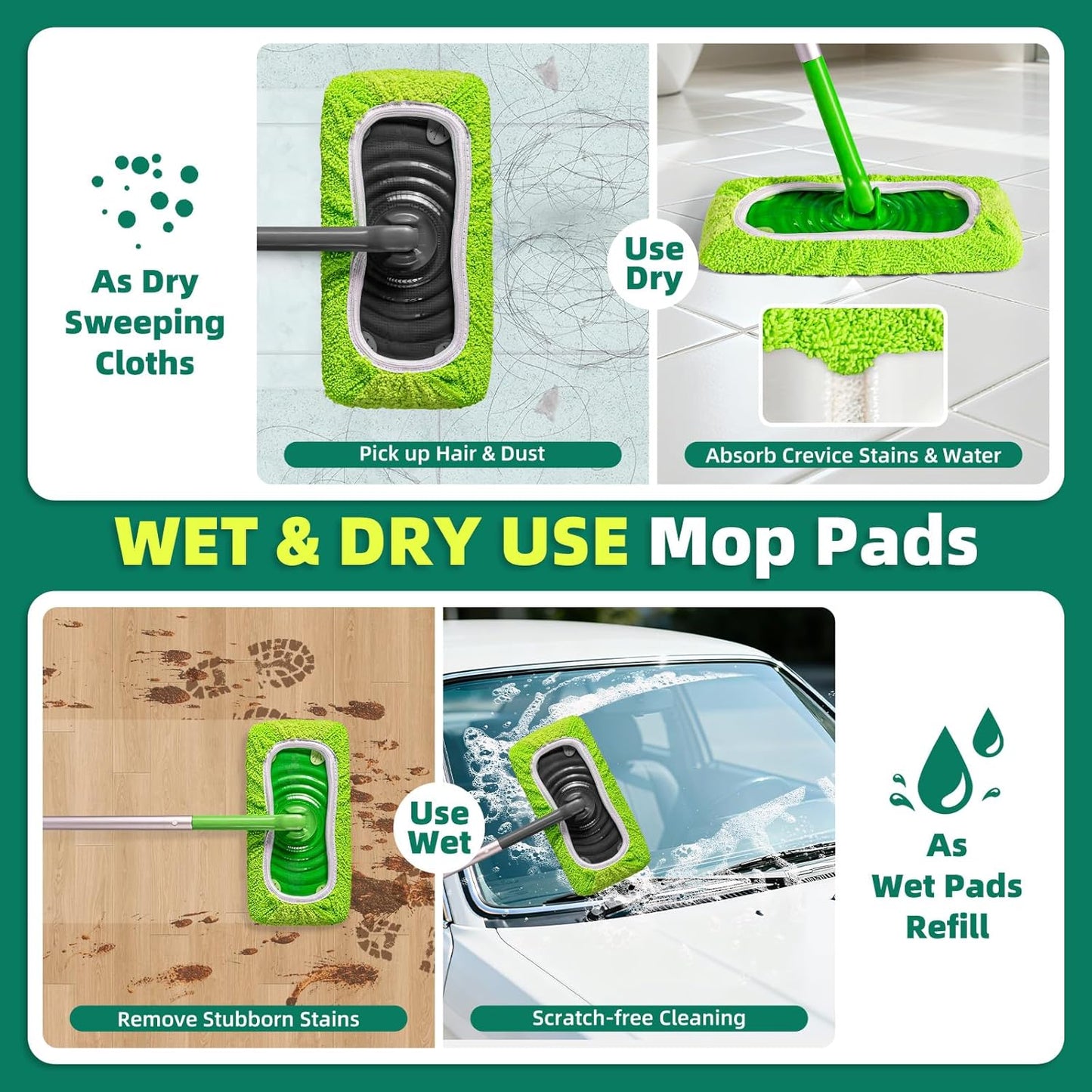 Reusable Mop Pads Compatible with Swiffer Sweeper Mop, Microfiber Dry Sweeping Cloths & Machine Washable Wet Pads Refill for Use on All Sealed Floors - Stone, Hardwood, Laminate & Tile (6 Blue)