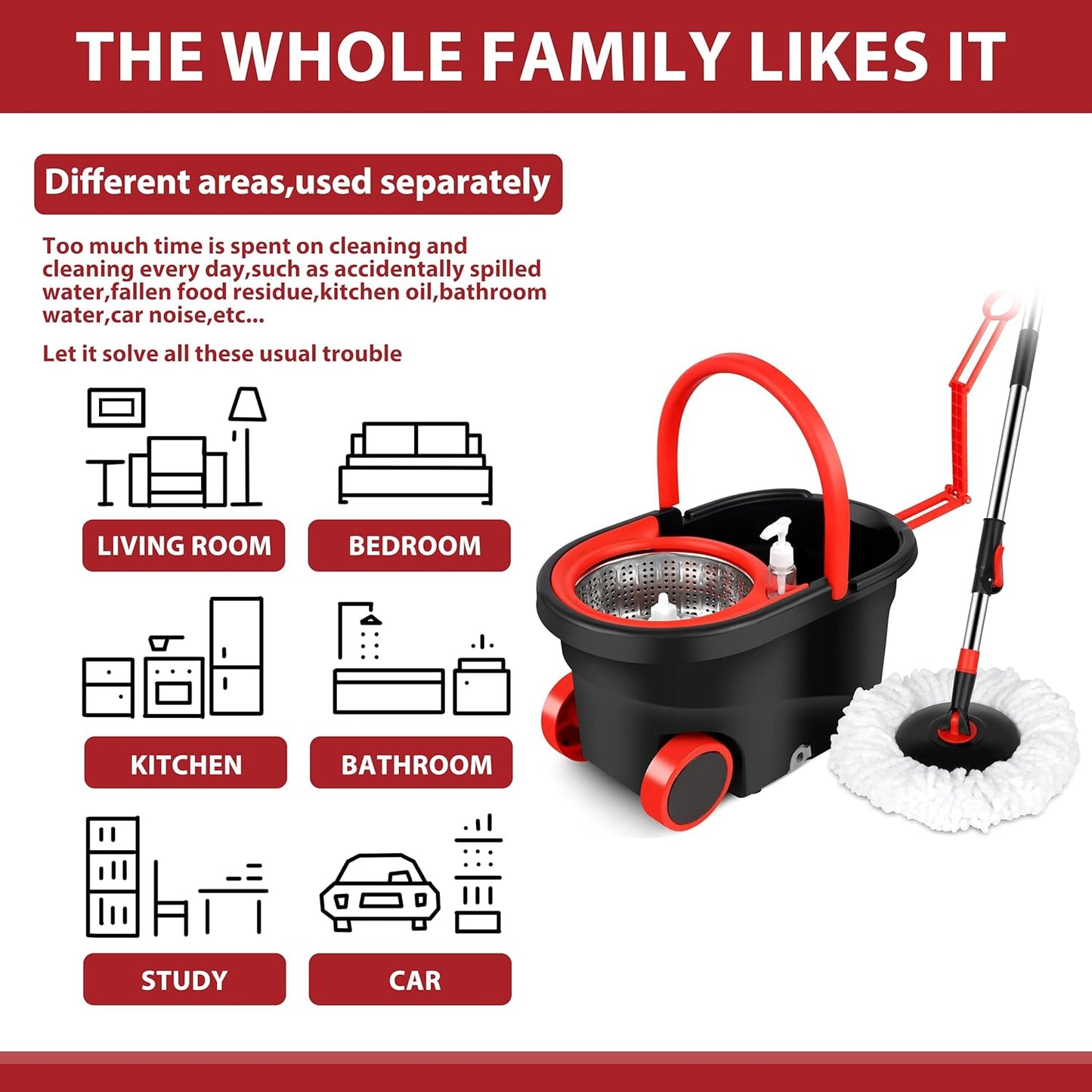 Spin mop and Bucket with Wringer Set，Spin Mop and Bucket with Wringer Set for Home，Stainless Steel 360 Floor Mop Bucket on Wheels，3 Microfiber Mop Replacement Heads and Adjustable Handle (Black)