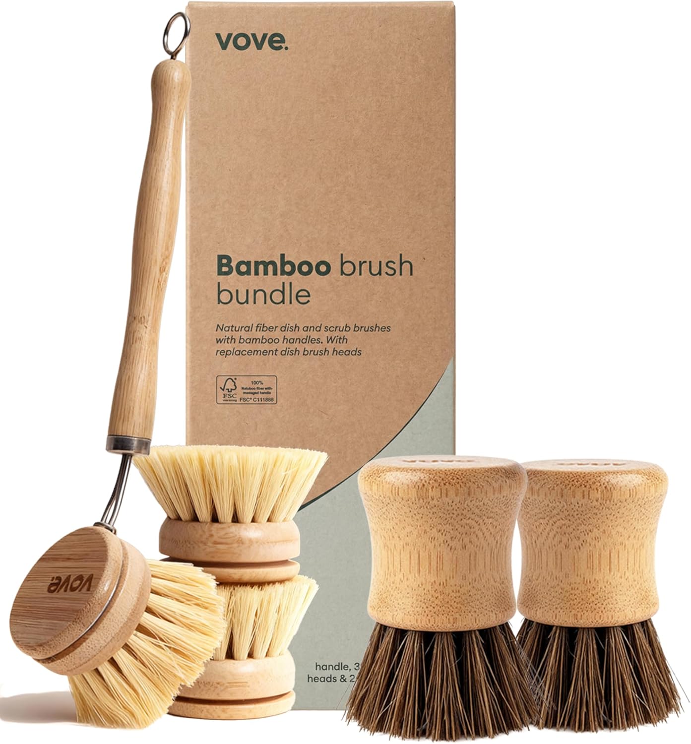 Vove Bamboo Dish Brush, FSC-Certified - Includes 3 Replacement Heads - Natural Fiber Bristles - Non-Toxic, Plastic-Free - Scrub Brush for Pots, Pans & Dishes