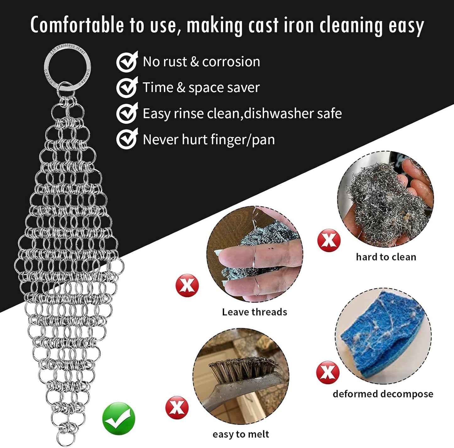 2Pack 4" Chain Mail Cast Iron Cleaner Scrubber, 316 Chainmail Scrubber Cast Iron Skillet Cleaning Brush, Chainmail Scrubbing Metal Scrub Tool to Clean Dutch Oven Carbon Steel Wok Grill Pan Pot