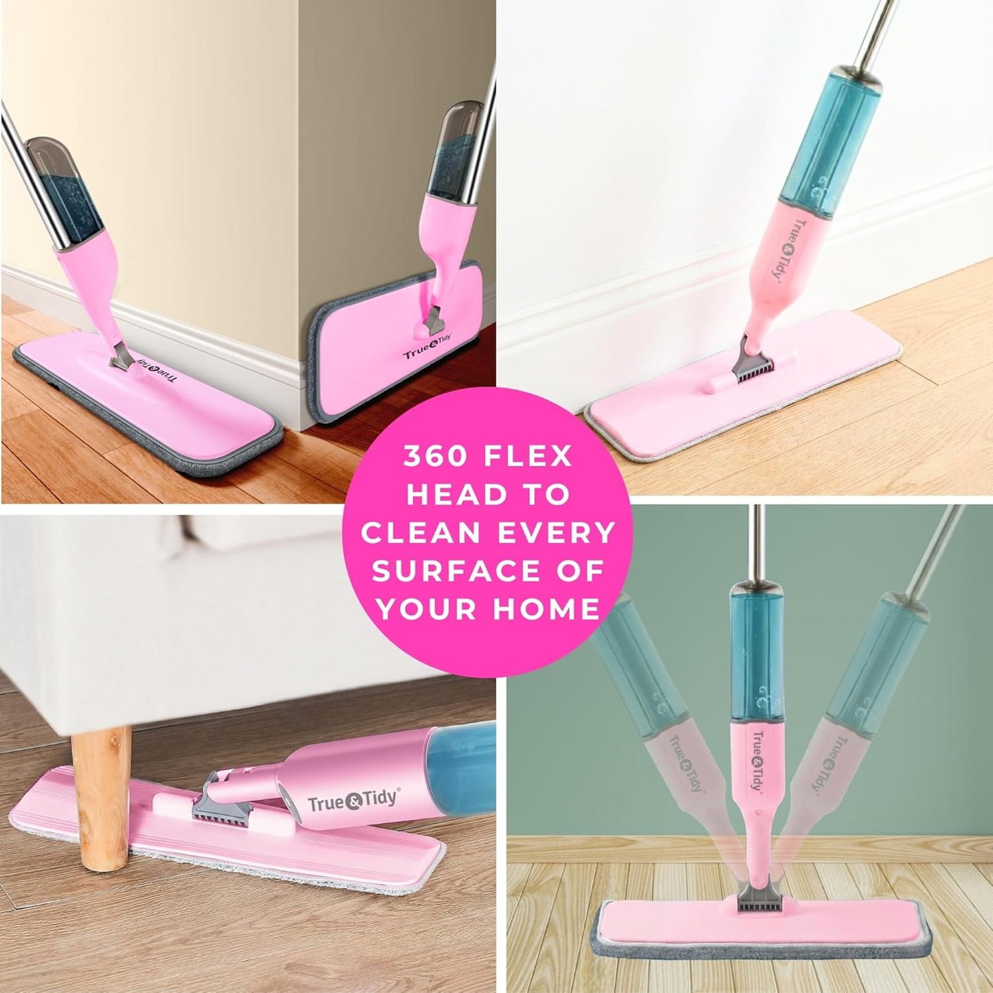 True & Tidy® SPRAY-250 Multi-Surface Spray Mop with 490ml Refillable Water Bottle for Floor Cleaning, Works on Wood, Tile, Marble etc, Use Any Cleaning Solution, Machine Washable Microfiber Mop Pads
