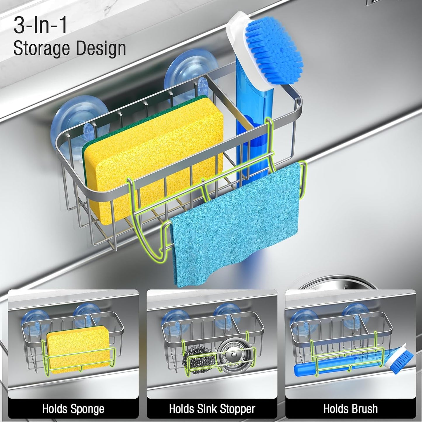 3-in-1 Kitchen Sink Caddy Organizer with Sponge Holder, Brush Holder, Extra Rack for Scrubber, Sink Stopper, Dish Cloth Hanger - Strong Dual Suction Cup, 2.0mm SUS304 Stainless Steel - Grey