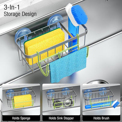 3-in-1 Kitchen Sink Caddy Organizer with Sponge Holder, Brush Holder, Extra Rack for Scrubber, Sink Stopper, Dish Cloth Hanger - Strong Dual Suction Cup, 2.0mm SUS304 Stainless Steel - Grey