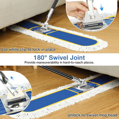 48" Commercial Industrial Dust Mop for Floor Cleaning, Large Floor Dust Broom with Washable Mops Pads, Wet Dry Duster Mops for Hardwood Floors,Marble, Laminate, Tile, Concrete, Garage,Blue