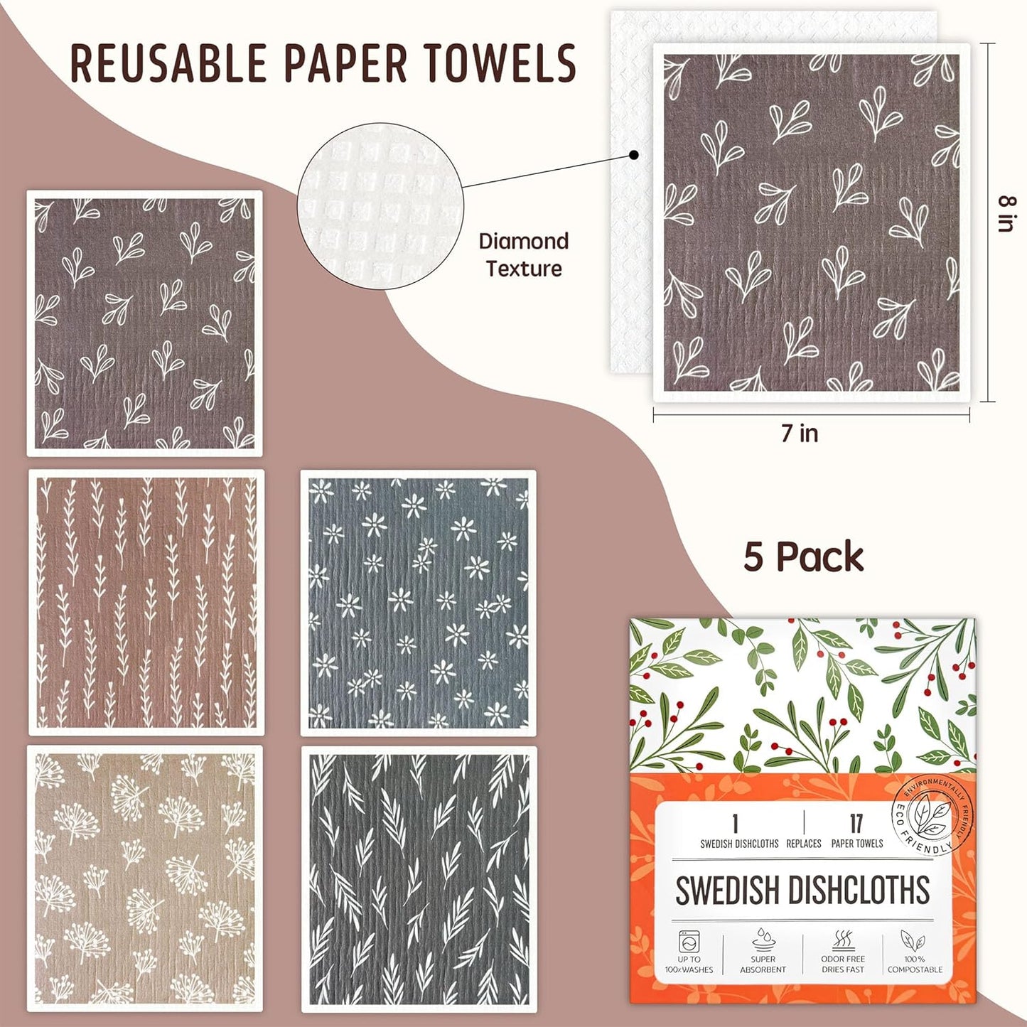 Swedish Dishcloths for Kitchen, Swedish Dish Cloths 5 Pack, Super Absorbent Reusable Paper Towels Washable, Biodegradable, Quick Drying, Dishwasher Safe