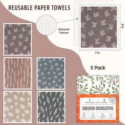 Swedish Dishcloths for Kitchen, Swedish Dish Cloths 5 Pack, Super Absorbent Reusable Paper Towels Washable, Biodegradable, Quick Drying, Dishwasher Safe