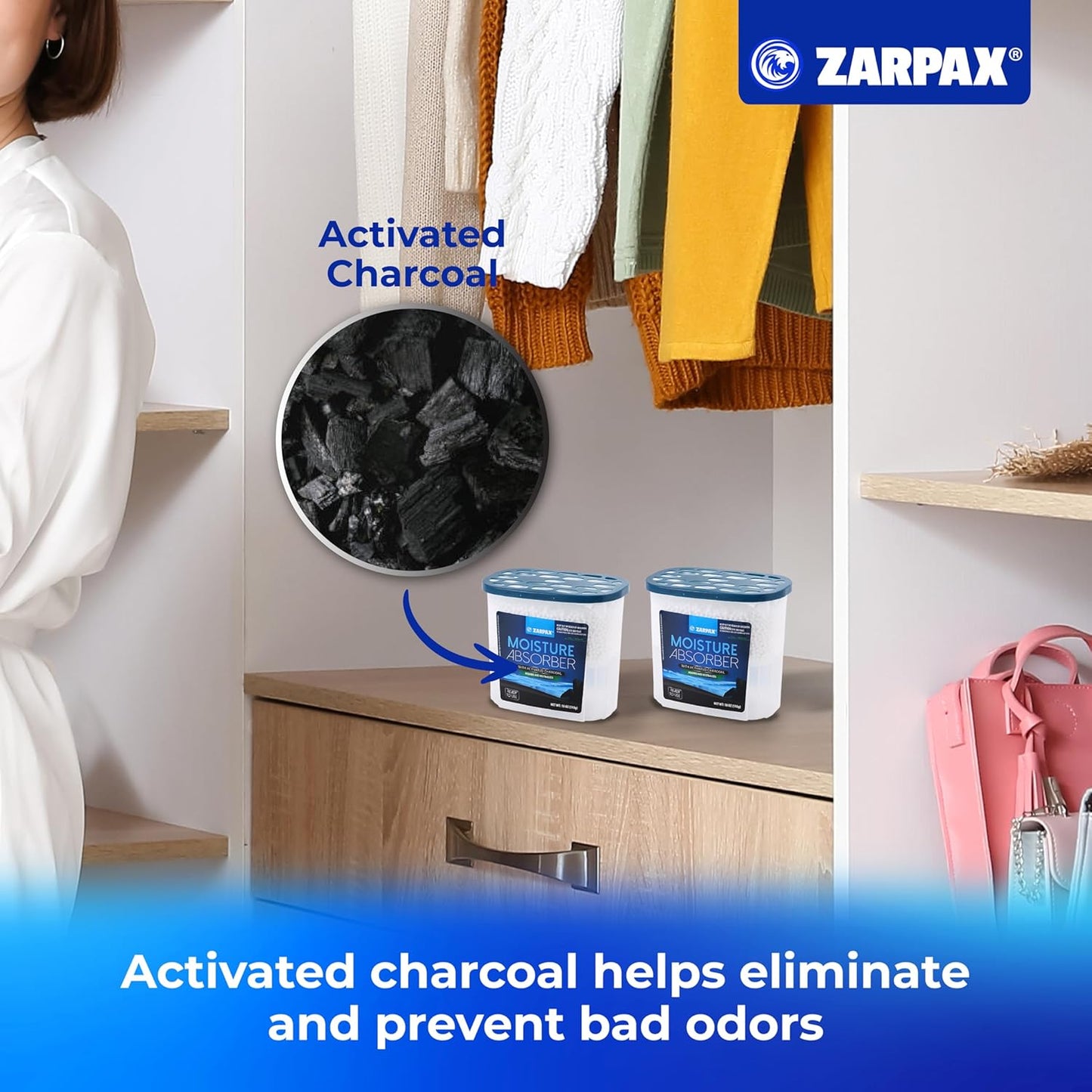 ZARPAX Moisture Absorber Activated Charcoal 10.5 oz/300g | Removes Moisture, Damp, Humidity & Odors | Odor Absorber | Moisture Trap for Bathroom, Closet, Kitchen & Small Spaces | Set of 6