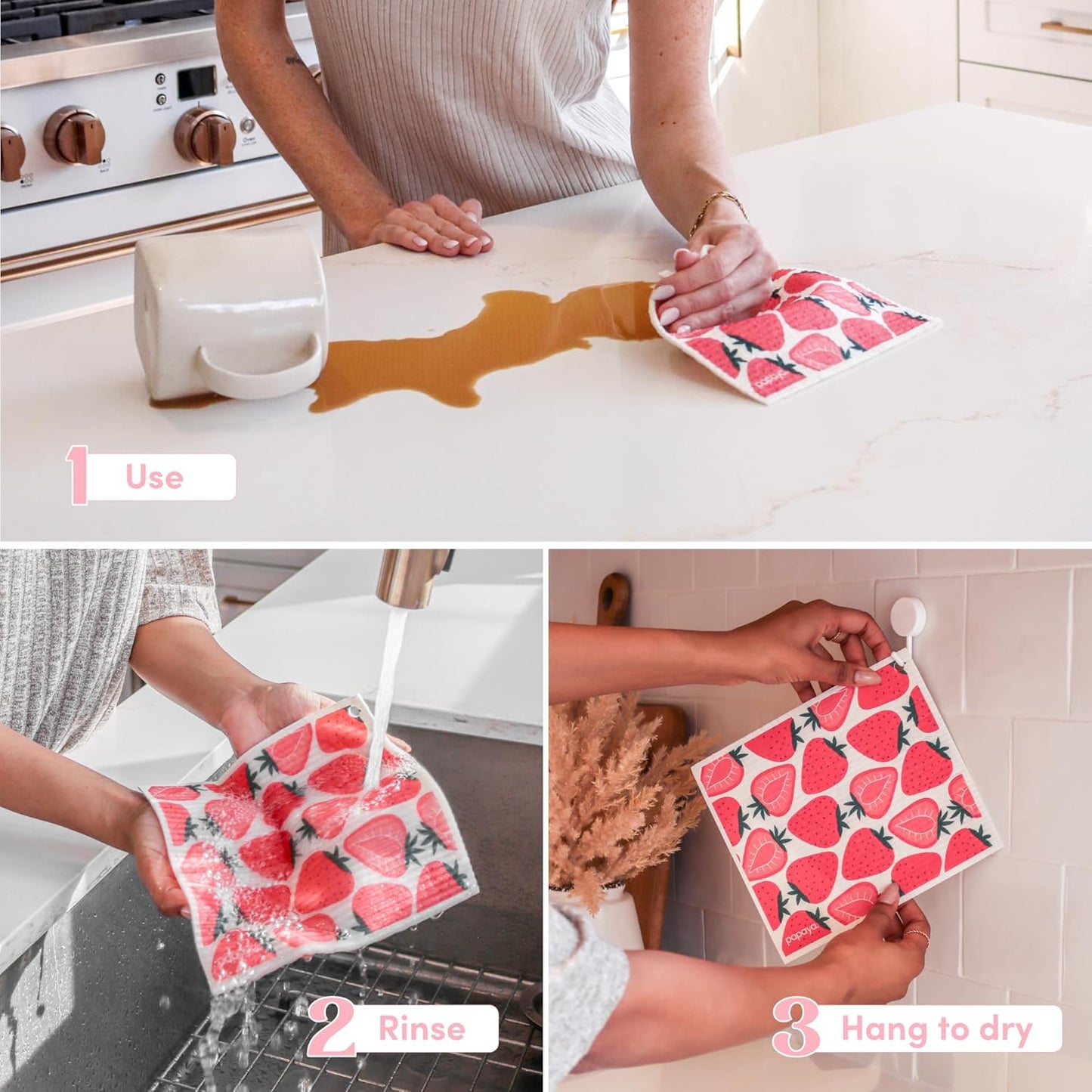 Papaya Reusable Paper Towels, Premium Swedish Dishcloths with Hook, Non-Scratch Reusable Paper Towel, 1 Sheet Replaces 17 Rolls - 2 Sheets, 1 Hook