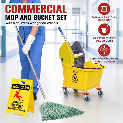 MATTHEW CLEANING 34Quarts Commercial Mop Bucket INCL.Wet String Mop with Down Press Wringer On Wheels,Industrial Heavy-Duty Floor Cleaning w/Handle, Mop Bucket for Home,Offices,Commercial, Restaurants