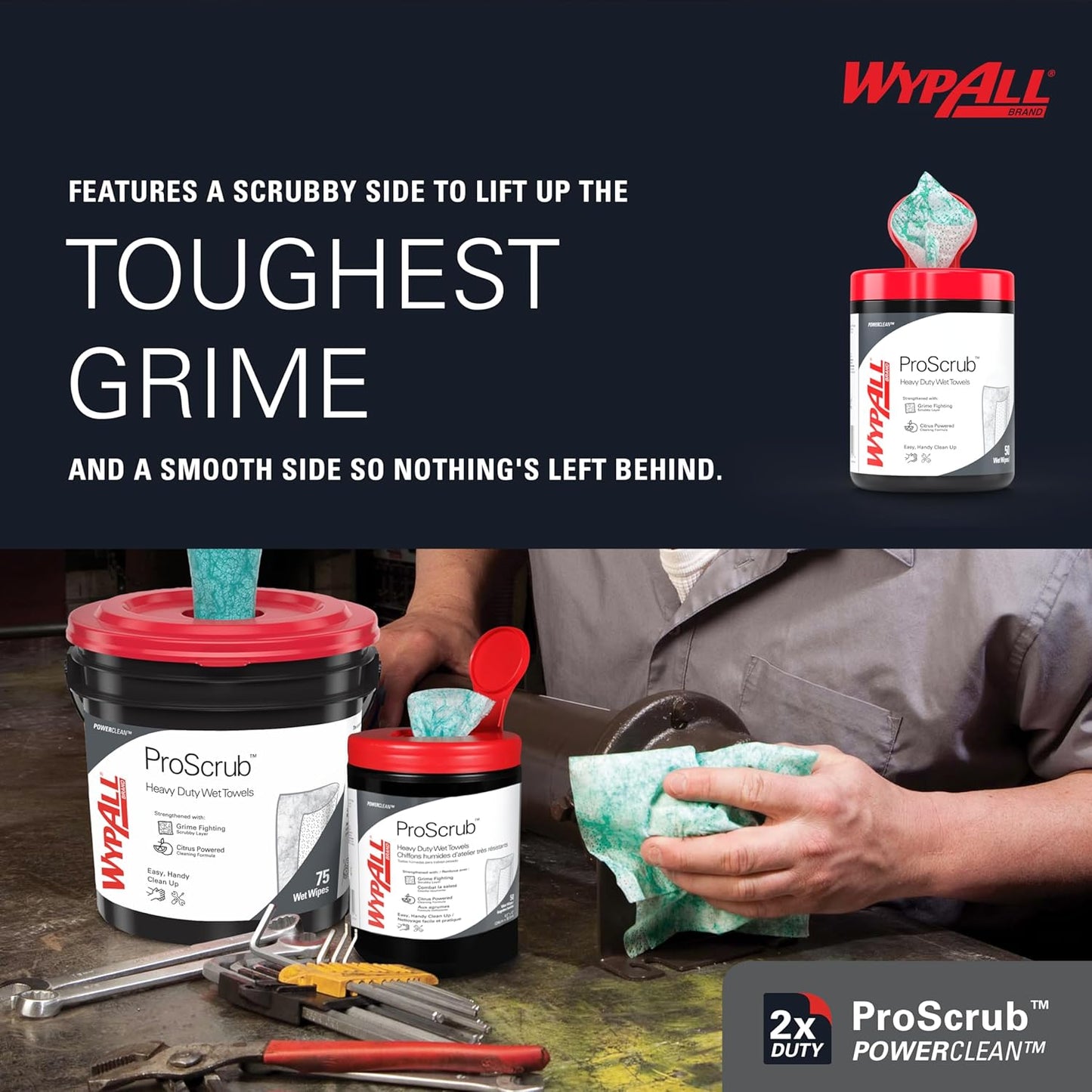 WypAll PowerClean ProScrub Heavy Duty Wet Towels (91371), Dual Action Cleaning, Large 9.5" x 12" Wipes, Bucket Included (6 Containers of 75 Sheets, 450 Sheet Total)