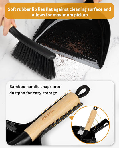 MR.SIGA Dustpan and Brush Set, Portable Cleaning Brush and Dustpan Combo with Bamboo Handle, White, 1 Set