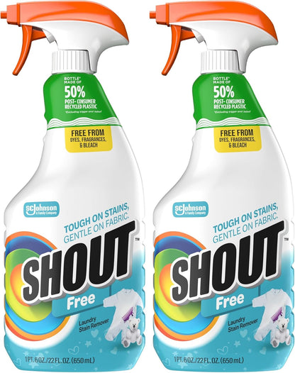 Shout Free Laundry Stain Remover Spray, Active Enzyme Formula is Fragrance, Bleach, and Dye Free, Removes Everyday Stains including Baby Stains - 22oz Spray