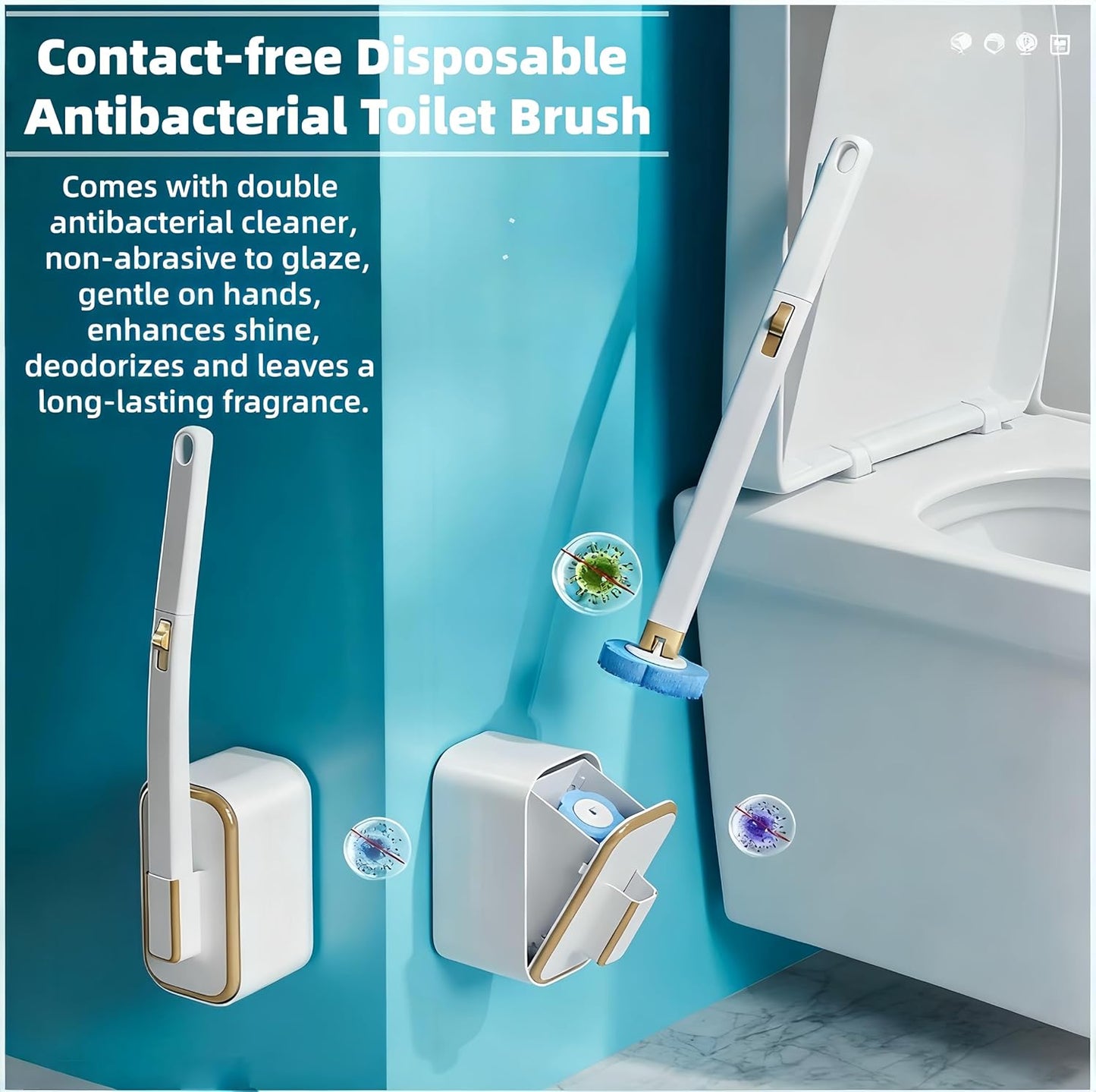 Disposable Toilet Brush and Base Set (Including 48 Replacement Heads and Base) - Wall-Mounted Design with Ergonomic Grip for Bathrooms, Toilets and RVs.