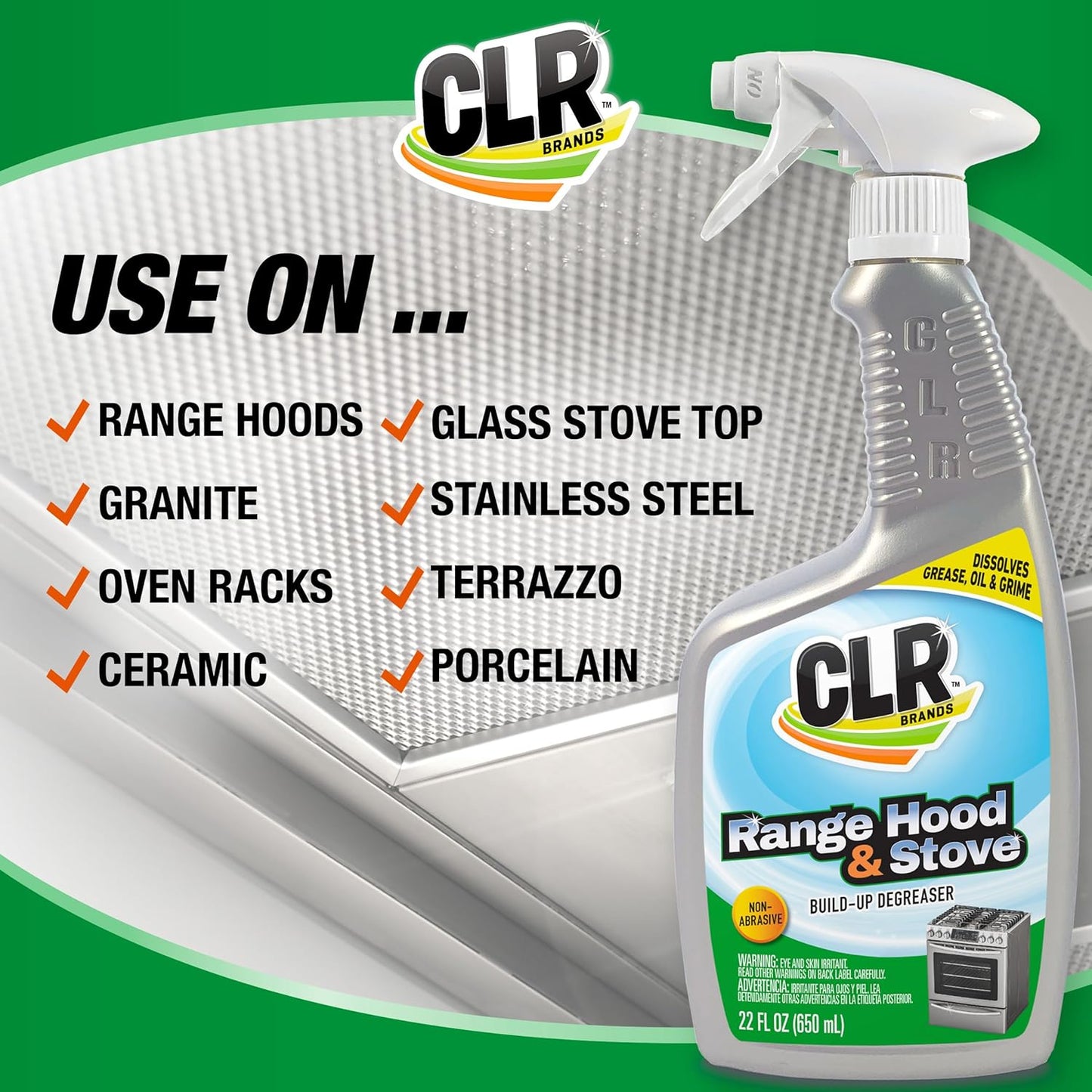 CLR Brands Range Hood & Stove Build Up Degreaser, 22 fl. oz., Fast Acting, Non Abrasive Cleaner, Works on Glass Stove Tops, Oven Racks, BBQ Grills and More
