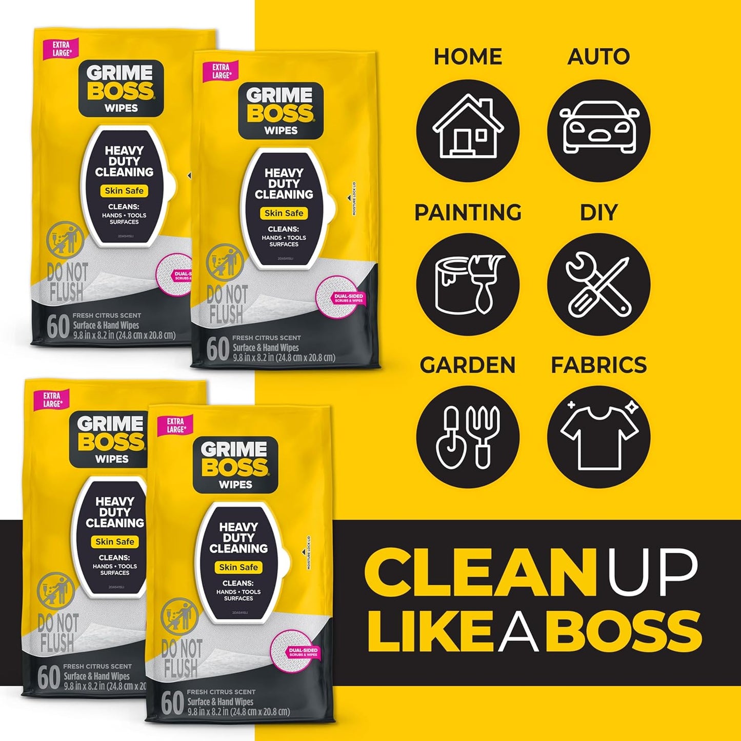 Grime Boss Heavy Duty Surface and Hand Wipes (2x60ct) | Remove Paint, Oil, Grease, Adhesives, Mud, Dirt | Workshop Replace Cleaners like Rags, Towels, Pumice, Soap