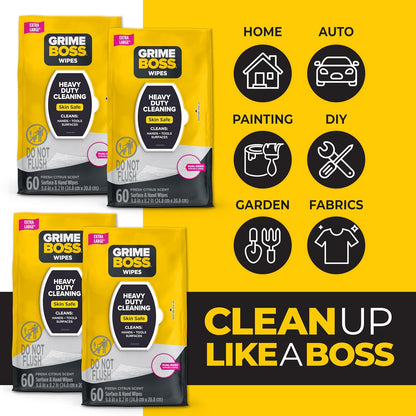 Grime Boss Heavy Duty Surface and Hand Wipes (2x60ct) | Remove Paint, Oil, Grease, Adhesives, Mud, Dirt | Workshop Replace Cleaners like Rags, Towels, Pumice, Soap